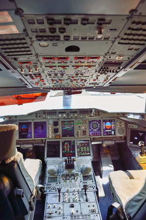 BANGKOK, THAILAND - SEPTEMBER 09, 2015: Emirates Airbus A380 aircraft interior. Emirates handles...