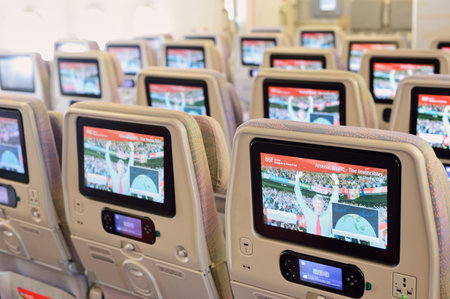 BANGKOK, THAILAND - SEPTEMBER 09, 2015: Emirates Airbus A380 aircraft interior. Emirates handles...