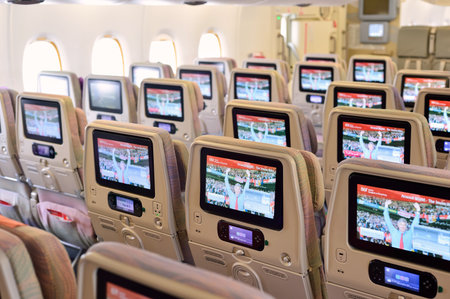 BANGKOK, THAILAND - SEPTEMBER 09, 2015: Emirates Airbus A380 aircraft interior. Emirates handles...