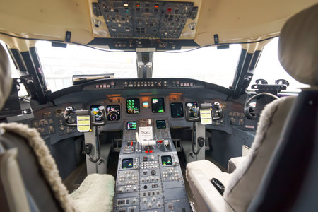 COPENHAGEN - SEPTEMBER 20: jet flight cockpit interior on September 20, 2014 in Copenhagen, Denmark. Scandinavian Airlines or SAS, previously Scandinavian Airlines System, is the flag carrier of Denmark, Norway, and Swedenのeditorial素材