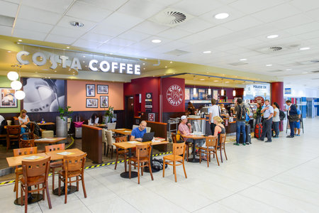 PRAGUE, CZECH REPUBLIC - AUGUST 04, 2015: Costa Coffee cafe interior. Costa Coffee is a British multinational coffeehouse company headquartered in Dunstable, Englandのeditorial素材