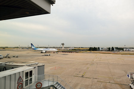 PARIS - AUGUST 08, 2015: view from terminal of Orly Airport . Paris Orly Airport is an international airport located partially in Orly and partially in Villeneuve-le-Roi, 7 NM (13 km; 8.1 mi) south of Paris, Franceのeditorial素材