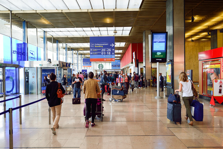 PARIS - AUGUST 08, 2015: Orly Airport interior. Paris Orly Airport is an international airport located partially in Orly and partially in Villeneuve-le-Roi, 7 NM (13 km; 8.1 mi) south of Paris, Franceのeditorial素材