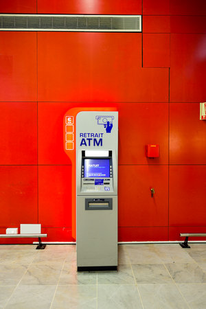 PARIS - AUGUST 08, 2015: ATM in Orly Airport. Paris Orly Airport is an international airport located partially in Orly and partially in Villeneuve-le-Roi, 7 NM (13 km; 8.1 mi) south of Paris, Franceのeditorial素材