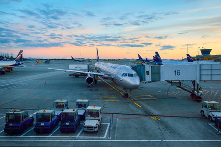 MOSCOW, RUSSIA - AUGUST 19, 2015: Aeroflot aircraft docked in Sheremetyevo airport. OJSC Aeroflot -...