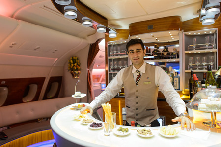 HONG KONG - JUNE 18, 2015: Emirates Airbus A380 business class interior. Emirates is one of two flag carriers of the United Arab Emirates along with Etihad Airways and is based in Dubai.のeditorial素材