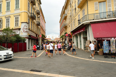 NICE, FRANCE - AUGUST 15, 2015: Nice streets. Nice is the fifth most populous city in France, after Paris, Marseille, Lyon and Toulouse, and it is the capital of the Alpes Maritimes departementのeditorial素材