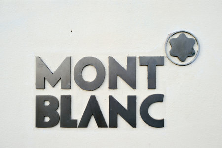 PARIS, FRANCE - AUGUST 09, 2015: Montblanc logo. Montblanc International GmbH is a German manufacturer of writing instruments, watches, jewellery and leather goods, often identified by their "White Star" logo.のeditorial素材