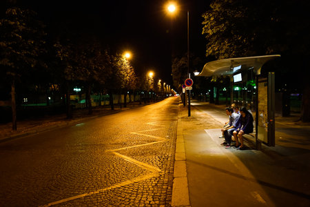 PARIS, FRANCE - AUGUST 11, 2015: Paris streets at night. Paris, aka City of Love, is a popular travel destination and a major city in Europeのeditorial素材