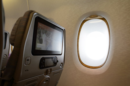 BANGKOK, THAILAND - JUNE 22, 2015: Emirates A380-800 interior. Emirates is one of two flag carriers of the United Arab Emirates along with Etihad Airways and is based in Dubai.のeditorial素材