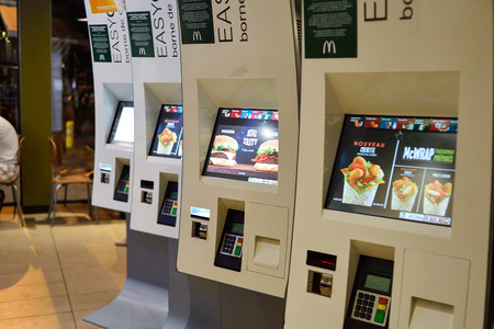 PARIS, FRANCE - AUGUST 10, 2015: McDonald's restaurant interior. McDonald's is the world's largest chain of hamburger fast food restaurants, founded in the United States.のeditorial素材