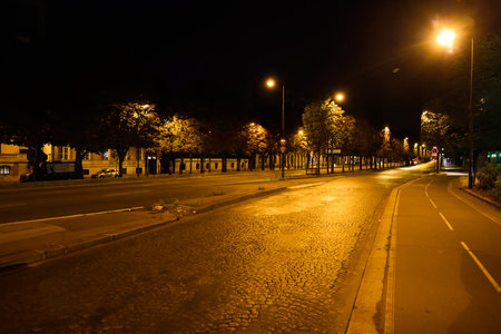 PARIS, FRANCE - AUGUST 11, 2015: Paris streets at night. Paris, aka City of Love, is a popular travel destination and a major city in Europeのeditorial素材