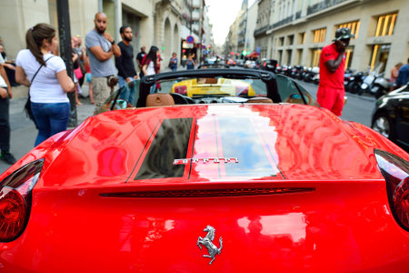 PARIS, FRANCE - AUGUST 09, 2015: close-up shot of Ferrari. Ferrari S.p.A. is an Italian luxury...