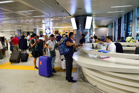 ROME, ITALY - AUGUST 16, 2015: Fiumicino Airport interior. Fiumicino - Leonardo da Vinci International Airport is a major international airport in Rome, Italyのeditorial素材