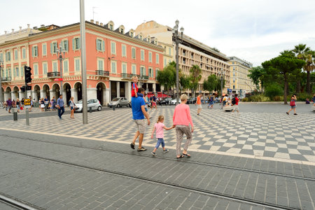 NICE, FRANCE - AUGUST 15, 2015: Nice streets. Nice is the fifth most populous city in France, after Paris, Marseille, Lyon and Toulouse, and it is the capital of the Alpes Maritimes departementのeditorial素材