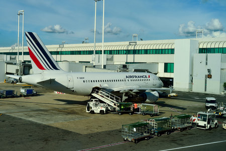 ROME, ITALY - AUGUST 16, 2015: docked jet aircraft in Fiumicino Airport. Fiumicino - Leonardo da Vinci International Airport is a major international airport in Rome, Italyのeditorial素材