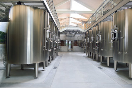 MARGAUX, FRANCE - AUGIST 13, 2015: Metal vats on Chateau Margaux wine factory. Chateau Margaux,...