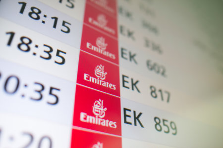 DUBAI, UAE - JUNE 04, 2014: close up shot of timetable screen in Dubai International Airport...