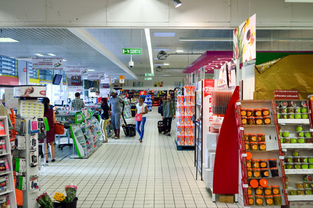 BEGLES, FRANCE - AUGUST 13, 2015: Simply Market supermarket interior. Simply Market is a brand of French supermarkets formed in 2005. This brand is a new concept to eventually replace Atac supermarketsのeditorial素材
