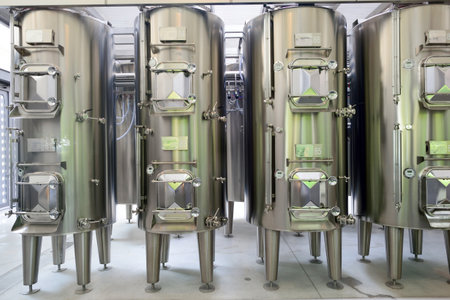 MARGAUX, FRANCE - AUGIST 13, 2015: Metal vats on Chateau Margaux wine factory. Chateau Margaux,...