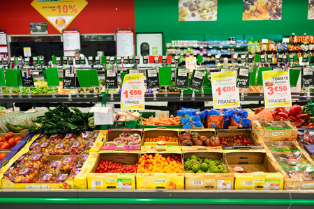 BEGLES, FRANCE - AUGUST 13, 2015: Simply Market supermarket interior. Simply Market is a brand of French supermarkets formed in 2005. This brand is a new concept to eventually replace Atac supermarketsのeditorial素材