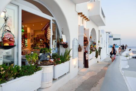 SANTORINI, GREECE - AUGUST 07, 2015: Santorini island architecture. The traditional architecture of Santorini is similar to that of the other Cyclades, with low-lying cubical housesのeditorial素材