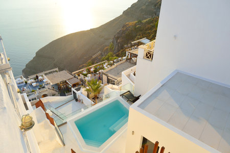 SANTORINI, GREECE - AUGUST 07, 2015: Santorini island architecture. The traditional architecture of Santorini is similar to that of the other Cyclades, with low-lying cubical housesのeditorial素材