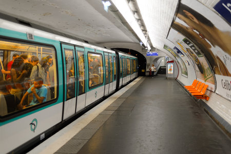 PARIS - AUGUST 10, 2015: interior of Paris Metropolitain station. The Paris Metro or Metropolitain is a rapid transit system in the Paris Metropolitan Areaのeditorial素材