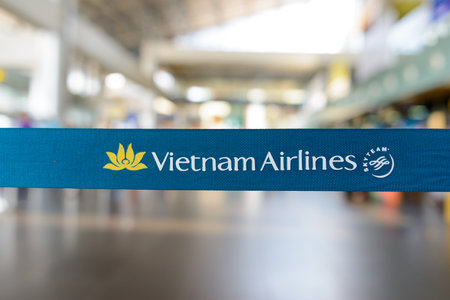 HANOI, VIETNAM - MAY 11, 2015: close up shot of belt with Vietnam Airlines logo. Vietnam Airlines...