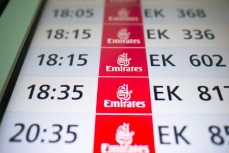 DUBAI, UAE - JUNE 04, 2014: close up shot of timetable screen in Dubai International Airport...