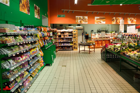 BEGLES, FRANCE - AUGUST 13, 2015: Simply Market supermarket interior. Simply Market is a brand of French supermarkets formed in 2005. This brand is a new concept to eventually replace Atac supermarketsのeditorial素材