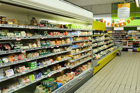 BEGLES, FRANCE - AUGUST 13, 2015: Simply Market supermarket interior. Simply Market is a brand of French supermarkets formed in 2005. This brand is a new concept to eventually replace Atac supermarketsのeditorial素材