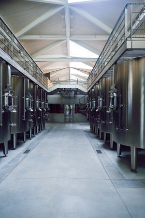 MARGAUX, FRANCE - AUGIST 13, 2015: Metal vats on Chateau Margaux wine factory. Chateau Margaux,...