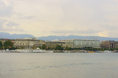 GENEVA, SWITZERLAND - SEPTEMBER 14, 2014: view on Lake Geneva. Lake Geneva iis a lake on the north side of the Alps, shared between Switzerland and France.のeditorial素材