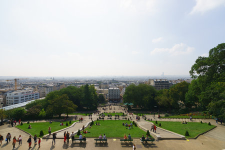 PARIS, FRANCE - AUGUST 10, 2015: Paris cityscape from the Sacre-Cceur Basilica. The Basilica of the Sacred Heart of Paris, is a Roman Catholic church and minor basilica, dedicated to the Sacred Heart of Jesus, in Paris, France.のeditorial素材
