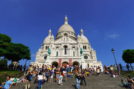 PARIS, FRANCE - AUGUST 10, 2015: view of Sacre-Cceur. The Basilica of the Sacred Heart of Paris, is a Roman Catholic church and minor basilica, dedicated to the Sacred Heart of Jesus, in Paris, France.のeditorial素材