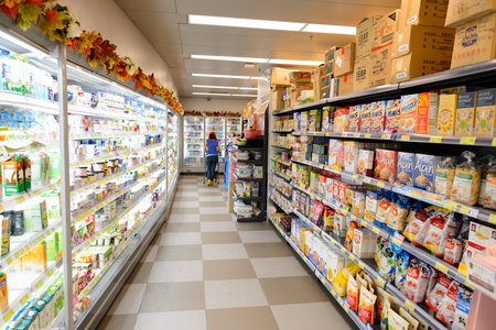 HONG KONG - JUNE 03, 2015: interior of the food supermarket.  Supermarkets in Hong Kong are strong...