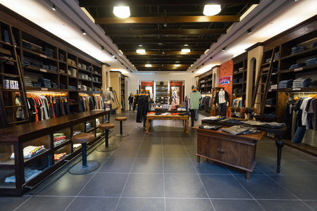 SINGAPORE - NOVEMBER 08, 2015: interior of True Religion Brand Jeans. True Religion Brand Jeans is an American clothing company. Based in Vernon, California.のeditorial素材