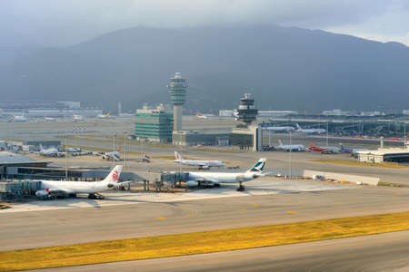 HONG KONG - NOVEMBER 16, 2015: aerial view on Hong Kong Airport. Hong Kong International Airport is the main airport in Hong Kong. It is located on the island of Chek Lap Kokのeditorial素材