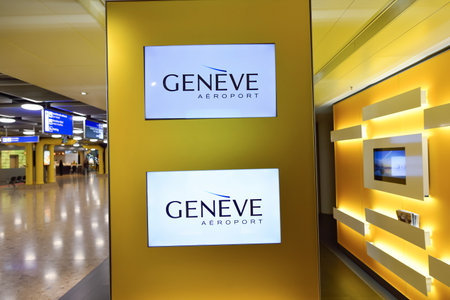GENEVA, SWITZERLAND - NOVEMBER 19, 2015: interior of Geneva Airport. Geneva International Airport is the international airport of Geneva, Switzerland. It is located 4 km northwest of the city centre.のeditorial素材
