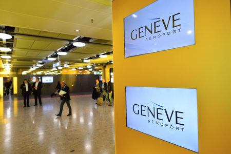 GENEVA, SWITZERLAND - NOVEMBER 18, 2015: interior of Geneva Airport. Geneva International Airport is the international airport of Geneva, Switzerland. It is located 4 km northwest of the city centre.のeditorial素材