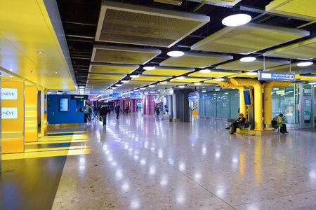GENEVA, SWITZERLAND - NOVEMBER 18, 2015: interior of Geneva Airport. Geneva International Airport is the international airport of Geneva, Switzerland. It is located 4 km northwest of the city centre.のeditorial素材