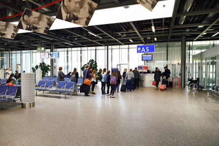 GENEVA, SWITZERLAND - NOVEMBER 19, 2015: interior of Geneva Airport. Geneva International Airport is the international airport of Geneva, Switzerland. It is located 4 km northwest of the city centre.のeditorial素材