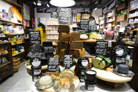 HONG KONG - NOVEMBER 02, 2015: cosmetics store in New Town Plaza. New Town Plaza is a shopping mall in the town centre of Sha Tin in Hong Kong. Developed by Sun Hung Kai Propertiesのeditorial素材