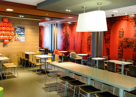 SHENZHEN, CHINA - MAY 25, 2015:  interior of McDonald's restaurant. McDonald's is the world's largest chain of hamburger fast food restaurants, founded in the United States.のeditorial素材