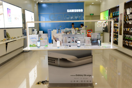 SHENZHEN, CHINA - MAY 25, 2015: interior of store with Samsung gadgets. Samsung is a South Korean...