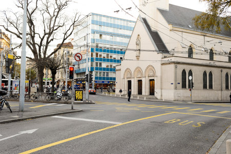 GENEVA, SWITZERLAND - NOVEMBER 18, 2015: view of Geneva. Geneva is a global city, a financial center, and worldwide center for diplomacy due to the presence of numerous international organizations.のeditorial素材