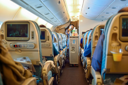 SINGAPORE - NOVEMBER 03, 2015: interior of Singapore Airlines Airbus A380. Singapore Airlines Limited is the flag carrier of Singapore which operates from its hub at Changi Airportのeditorial素材