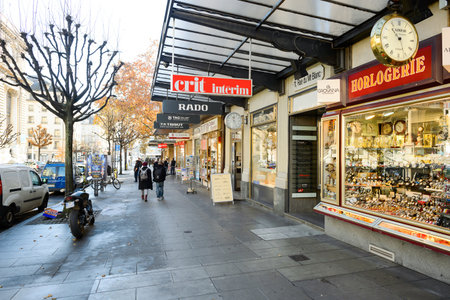 GENEVA, SWITZERLAND - NOVEMBER 18, 2015: view of Geneva. Geneva is a global city, a financial center, and worldwide center for diplomacy due to the presence of numerous international organizations.のeditorial素材