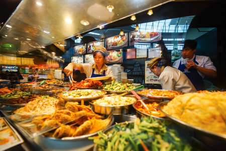 SINGAPORE - NOVEMBER 08, 2015: choice of prepared food in the cafe at the food court of The Shoppes at Marina Bay Sands. The Shoppes at Marina Bay Sands is one of Singapore's largest luxury shopping mallsのeditorial素材